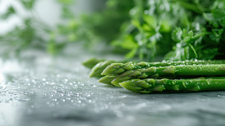 Close-up of green asparagus tips with water droplets, placed on a marble counter with a blurred background of fresh herbs.の素材
