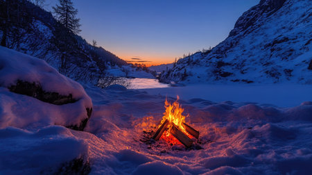A glowing campfire in a snowy valley, with surrounding hills covered in white and a clear, icy blue sky above.の素材