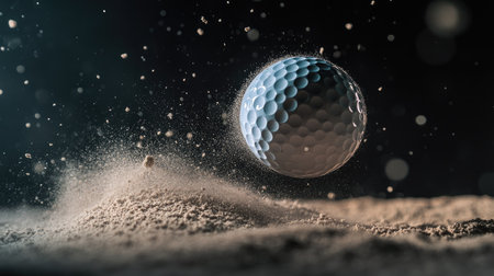 A golf ball in motion, leaving a trail of sand particles behind as it soars from a bunker shot.の素材