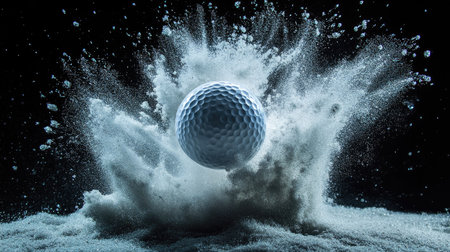 A golf ball mid-air after being struck in a sand bunker, with a dynamic spray of sand frozen in time.の素材