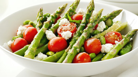 A healthy spring salad with green asparagus, cherry tomatoes, and goat cheese served in a white bowl.の素材