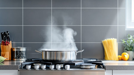 A modern kitchen stove with a pot of boiling spaghetti, steam rising against a clean tiled backsplash.の素材