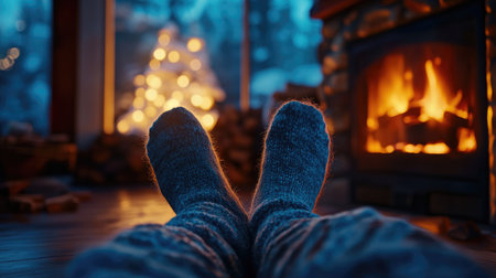 A pair of relaxed legs in fuzzy socks, placed near a roaring fireplace, with a soft ambient glow filling the room.の素材
