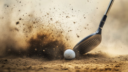 A golfer's club striking a ball on a tee in a sand bunker, with sand and dust exploding into the air.の素材