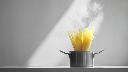 A minimalist kitchen scene with spaghetti boiling in a pot, steam rising elegantly against a white background.の素材