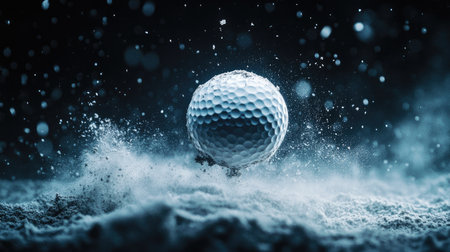 A powerful bunker shot, with sand particles scattering into the air as the golf ball takes flight.の素材