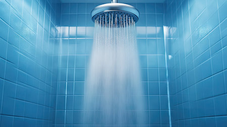 A modern electric water heater in a bathroom, with a gleaming shower head releasing hot water in a relaxing shower environment.の素材