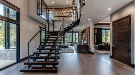 A modern house interior with a staircase made of dark wood, accented by black steel and warm lighting.の素材