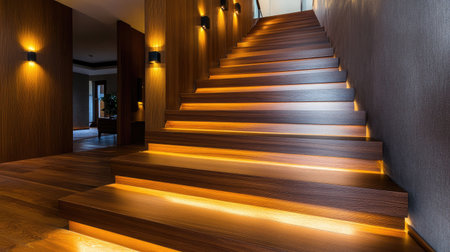 A modern staircase with wide wooden steps, highlighted by soft recessed lighting in a luxurious home.の素材