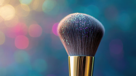 Close-up of a makeup brush with natural bristles, dusted with shimmering powder, against a blurred background of swirling color.の素材