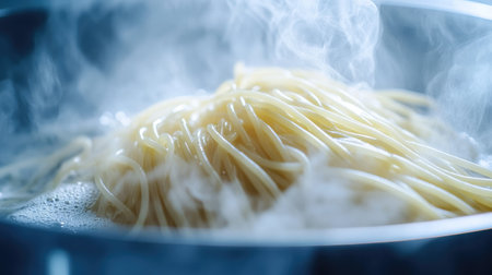 Close-up of spaghetti strands partially submerged in a pot of boiling water, with steam escaping into the air.の素材