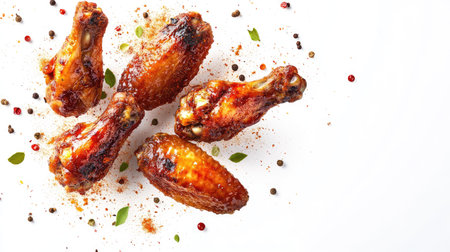 A mouth-watering image of roasted chicken wings with spices soaring through the air, captured against a pristine white background.の素材