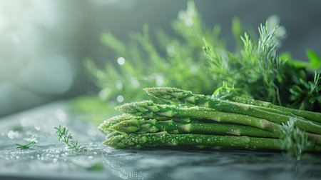 Close-up of green asparagus tips with water droplets, placed on a marble counter with a blurred background of fresh herbs.の素材