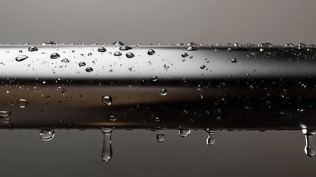 A leak in a stainless steel pipe, with water droplets forming and running down the metal surface, isolated on a neutral background.の素材