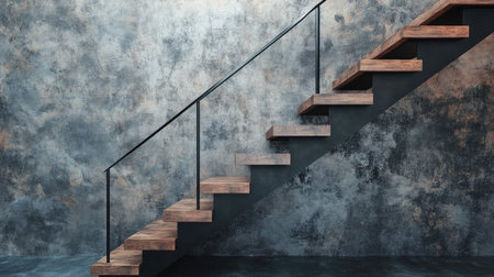 A modern staircase with wooden steps and a black steel railing, set against a backdrop of textured walls.の素材