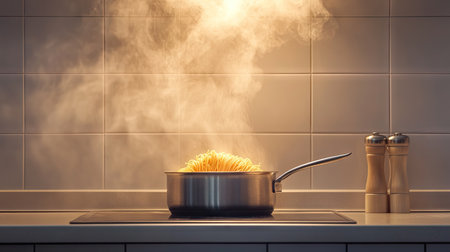 A modern kitchen stove with a pot of boiling spaghetti, steam rising against a clean tiled backsplash.の素材