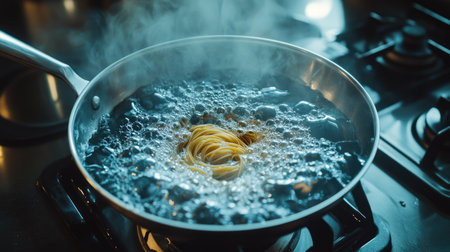 A pot of boiling water on a gas stove, with spaghetti forming a circular pattern as it begins to cook.の素材