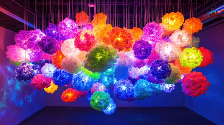 A playful explosion of colorful Styrofoam mini balls suspended mid-air, lit by vibrant, multicolored lighting.の素材