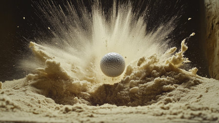 High-speed shot of a golf ball leaving a sand bunker, with sand spraying outward in a beautiful arc.の素材