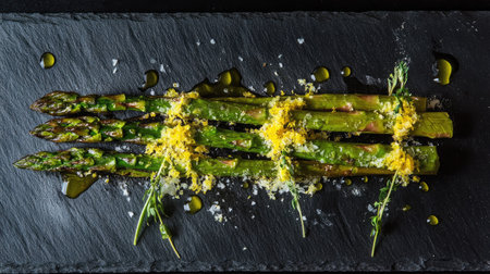 Grilled asparagus spears on a black slate plate, drizzled with olive oil and garnished with lemon zest.の素材