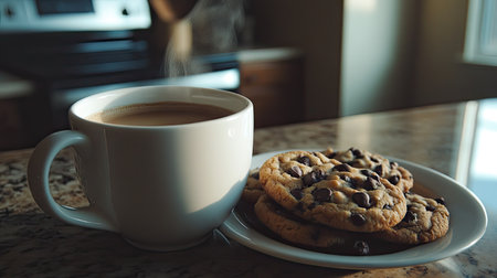 A close-up of a steaming cup of coffee next to a plate of chocolate chip cookies on a kitchen counterの素材