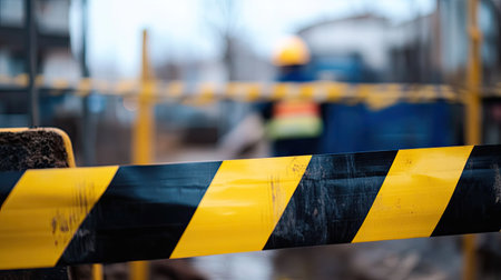 A close-up of yellow and black barricade tape stretched across a construction site with blurred workers in the backgroundの素材
