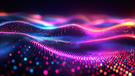 An abstract dance of multi-colored glowing lights weaving and flashing in a rhythmic, fluid pattern.の素材