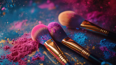 Makeup brushes with natural bristles, coated in vibrant powders, placed on a surface with scattered powder trails.の素材