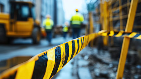 A close-up of yellow and black barricade tape stretched across a construction site with blurred workers in the backgroundの素材