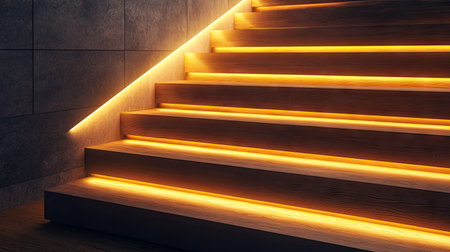 Modern wooden stairs with built-in LED lighting, creating a warm and inviting ambiance in a sophisticated interior.の素材