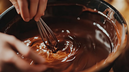 A close-up of a whisk in a bowl of melted chocolate, with hands gently stirring the rich liquidの素材