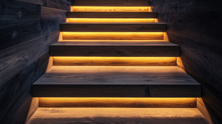 Modern wooden stairs with built-in LED lighting, creating a warm and inviting ambiance in a sophisticated interior.の素材