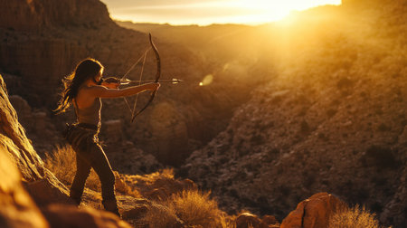 A female hunter aiming her bow in a rocky canyon during golden hourの素材
