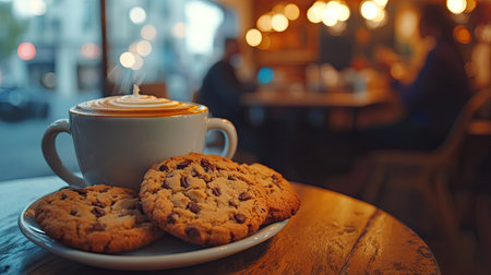 A close-up of cookies and coffee in a cafe setting, with a blurred background of other customers enjoying their drinksの素材
