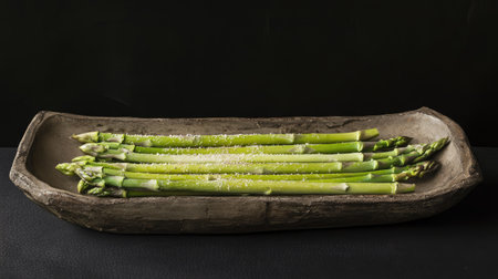 Green asparagus spears served on a rustic ceramic platter, garnished with cracked pepper and parmesan.の素材