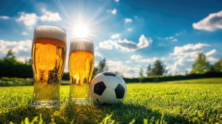 Two beer glasses and a soccer ball on a green field under a bright, sunny sky.の素材