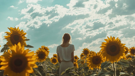 Rows of sunflowers in a field, their heads turned towards the cloudy blue sky, capturing the beauty of nature.の素材