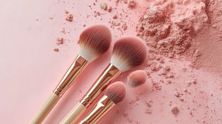 Natural bristle brushes lying on a surface with a splash of rose and gold makeup powder swirling in the air above them.の素材
