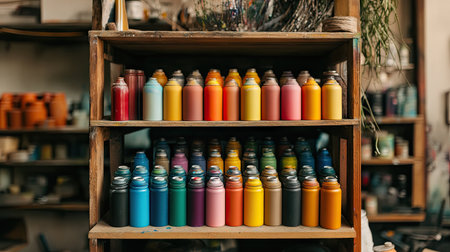 An array of colorful spray paint cans neatly arranged on a wooden shelf in an artist's studio.の素材