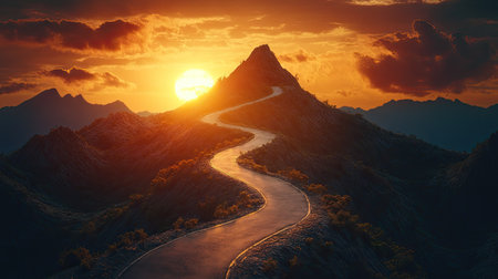 A winding road leading up a mountain with a sunrise in the background, symbolizing the journey to success.の素材