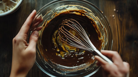 A close-up of hands holding a whisk in a bowl of freshly melted chocolate, ready for a dessert recipeの素材