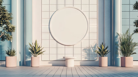 A creative round signboard mockup with a white background, framed by stylish geometric architectureの素材