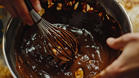 A close-up of a whisk in a bowl of melted chocolate, with hands gently stirring the rich liquidの素材