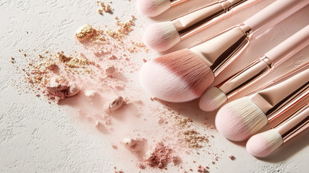 Natural bristle brushes lying on a surface with a splash of rose and gold makeup powder swirling in the air above them.の素材