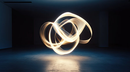Abstract light forms spiraling in the air, glowing brightly and fading in a fluid motion, against a dark background.の素材
