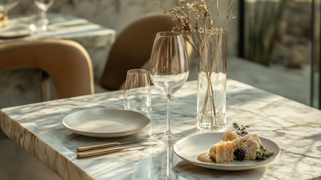 A contemporary marble table set with wine glasses, plates, and a gourmet meal for twoの素材