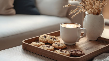 A cozy coffee and cookie setup, with a latte and an assortment of freshly baked cookies on a wooden trayの素材