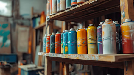 An array of colorful spray paint cans neatly arranged on a wooden shelf in an artist's studio.の素材