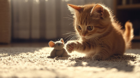 A cute cat pawing at a fluffy toy mouse, sitting on a soft rug, with a focused expression and its tail swishing in the background.の素材