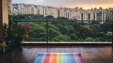 A colorful yoga mat placed on a balcony overlooking a scenic cityscapeの素材